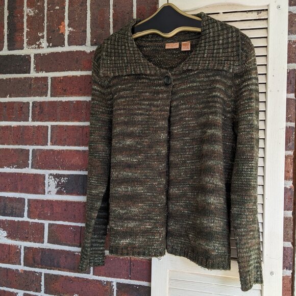 Women's North Crest Green Brown Multi Color Sweater Cardigan One Button Large - Picture 1 of 8